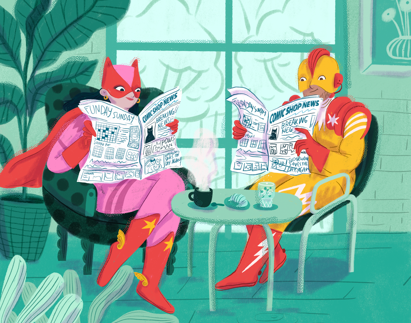 Two readers enjoying Comic Shop News together